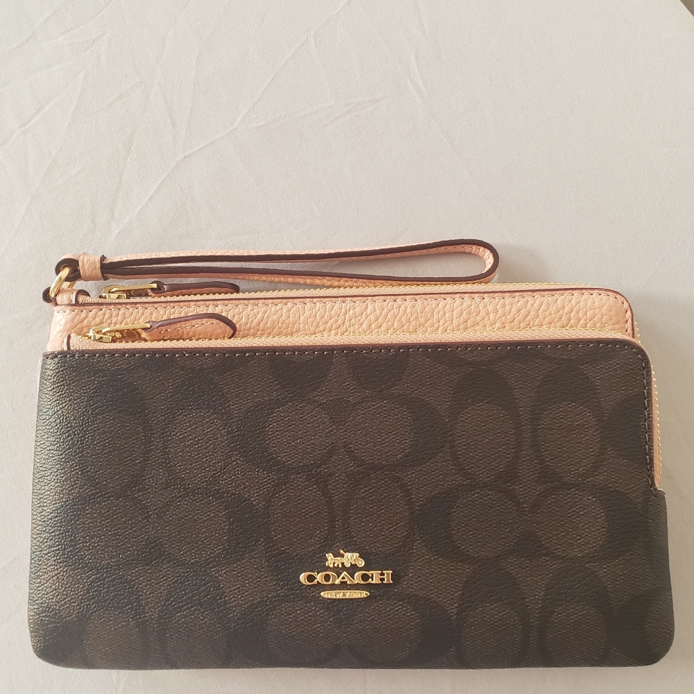 NWT! COACH IN SIGNATURE COLORBLOCK BROWN & PINK DOUBLE ZIP WALLET